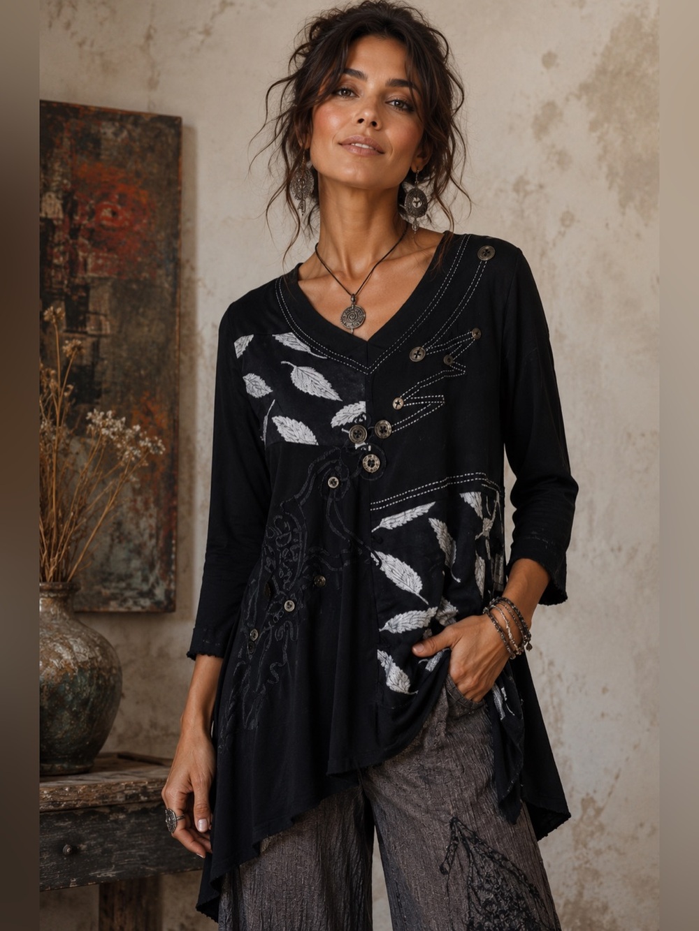 Multiples Black Embellished Asymmetrical Tunic Top Size Medium Petite